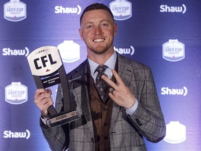 Stampeders quarterback Bo Levi Mitchell was honoured as Most Outstanding Player at the Shaw CFL Awards in Edmonton on Thursday, Nov. 22, 2018.