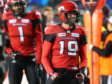 Calgary Stampeders quarterback Bo Levi Mitchell celebrates after throwing a touch down pass to Lemar Durant during the first half of the 106th Grey Cup at Commonwealth Stadium in Edmonton on Sunday November 25, 2018.
