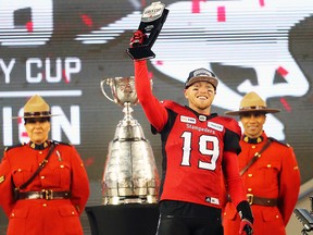 Calgary Stampeders quarterback Bo Levi Mitchell holds the most valuable player award after winning the team won the Grey Cup defeating the Ottawa Redblacks at Commonwealth Stadium in Edmonton on Sunday November 25, 2018.