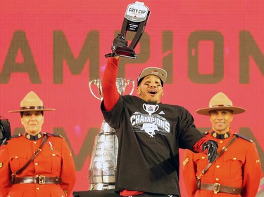 The Calgary Stampeders' Lemar Durant  celebrates after winning the Grey Cup Most Valuable Canadian award after the team defeated the Ottawa Redblacks at Commonwealth Stadium in Edmonton on Sunday November 25, 2018.