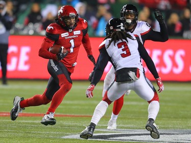 The Calgary Stampeders' Lemar Durant runs the ball during Grey Cup action against the Ottawa Redblacks at Commonwealth Stadium in Edmonton on Sunday November 25, 2018.