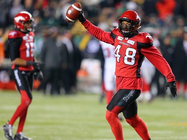 The Calgary Stampeders' Wynton McManis celebrates after recovering an Ottawa fumble during Grey Cup action against the Ottawa Redblacks at Commonwealth Stadium in Edmonton on Sunday November 25, 2018.