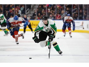 Brett Leason #20 of the Prince Albert Raiders skates against the Edmonton Oil Kings during the 2017 Teddy Bear Toss at Rogers Place in Edmonton on Saturday, Dec. 2, 2017. (Codie McLachlan/Postmedia) Photos for copy in Sunday, Dec. 3 edition.