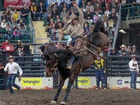 Clay Elliott rides to victory at the Canadian Finals Rodeo on Sunday in Red Deer.
