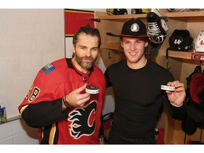 Calgary Flames Jaromir Jagr poses with teammate Mark Jankowski following a 5-3 win over the Detroit Red Wings in Calgary Thursday, November 9, 2017. Jagr scored his first goal in a Flames uniform and Jankowski score his first NHL goal. Jim Wells/Postmedia