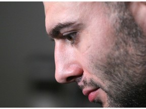 Calgary Flames captain Mark Giordano talks to media during an optional practice in Calgary on Friday, November 2, 2018. Jim Wells/Postmedia