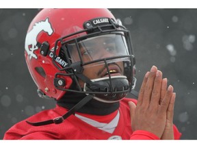Stamps RB Don Jackson gestures and may be keeping his hands warm during practice at McMahon Stadium in Calgary on Friday, November 16, 2018. The Stamps play the Winnipeg Blue Bombers in the CFL Western Final on Sunday. Jim Wells/Postmedia