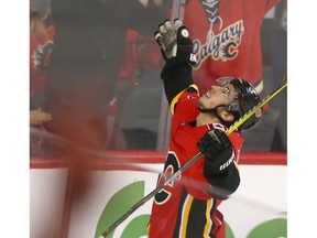 Flames Johnny Gaudreau celebrates his third-period goal during NHL action between the Los Angeles Kings and the Calgary Flames at the Saddledome on Friday. Photo by Jim Wells/Postmedia.