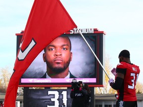 Calgary Stampeders honour Mylan Hicks prior to a CFL game against the Montreal Alouettes at McMahon Stadium in Calgary on Saturday October 15, 2016.