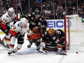 Flames forward Sam Bennett reaches for a rebound by Anaheim Ducks goaltender Ryan Miller on Nov. 7, 2018.