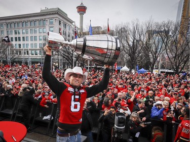 Calgary Stampeders' Rob Maver, celebrates winning the Grey Cup at a ceremony in Calgary, Tuesday, Nov. 27, 2018.