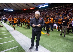 B.C. Lions head coach Wally Buono stands on the sideline before a CFL football game against the Calgary Stampeders, his last regular season game as the team's coach, in Vancouver, on Saturday November 3, 2018.