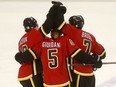 Calgary Flames TJ Brodie celebrates his first goal against Vegas Golden Knights Malcolm Subban in first period action at the Scotiabank Saddledome in Calgary on Monday November 19, 2018. Darren Makowichuk/Postmedia