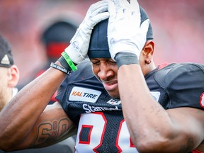 Calgary Stampeders Kamar Jorden is helped off the field after suffering a leg injury against the Edmonton Eskimos during the Labour Day Classic on Sept. 3, 2018.
