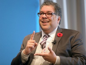 Calgary Mayor Naheed Nenshi addressed the cityís business community speaking about the opportunities and challenges that lay ahead for Calgary and the key decisions weíll have to make as a community moderated by Calgary Chamber President and CEO Sandip Lalli at the The Hudson in Calgary on Thursday November 8, 2018. Darren Makowichuk/Postmedia