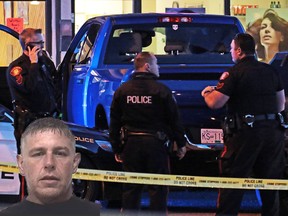BACKGROUND: Calgary Police guard a truck with shattered windows after an officer was forced to fire his gun at the vehicle in a shopping centre parking lot in Montgomery on Tuesday November 22, 2016.  GAVIN YOUNG/POSTMEDIA

INSET: 49-year-old Terrence Weinmeyer is seen in a police handout.
