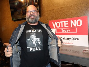 Shawn Alain flashes his opinion during a gathering of No Calgary at the Kensington Legion on Tuesday, Nov. 13, 2018.