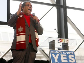 Mayor Naheed Nenshi speaks as hundreds came out to support the Yes vote and rally for the 2026 Winter Olympics at the Calgary Telus Convention Centre on Monday, Nov. 5, 2018.