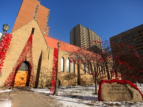 A total of 7,000 handmade poppies  adorn the Cathedral Church of the Redeemer in Calgary.