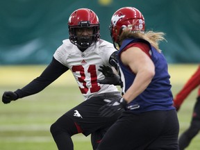 The Calgary Stampeders Tre Roberson runs through drills at practice in preparation for the Grey Cup, on Wednesday, Nov. 21, 2018, in Edmonton.  (Greg Southam- Postmedia)