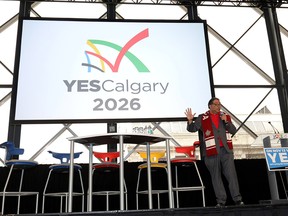Mayor Naheed Nenshi speaks at the rally for the 2026 Winter Olympic bid at the Calgary Telus Convention Centre on Monday, Nov. 5, 2018.