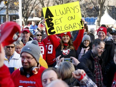 Thousands of fans turned out for a rally celebrating the Calgary Stampeders victory in the 106th Grey Cup outside city hall in Calgary on Tuesday, Nov. 27, 2018.