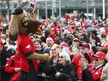 Thousands of fans turned out for a rally celebrating the Calgary Stampeders victory in the 106th Grey Cup outside city hall in Calgary on Tuesday, Nov. 27, 2018.