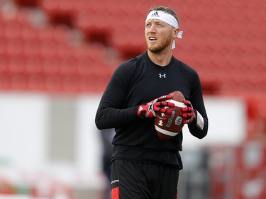 Calgary Stampeders Bo Levi Mitchell during warm-up before they take on the Winnipeg Blue Bombers in the CFL Western Final at McMahon Stadium in Calgary, on Sunday November 18, 2018. Leah hennel/Postmedia