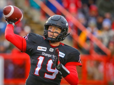 Calgary Stampeders quarterback Bo Levi Mitchell runs with the ball as he looks for an open receiver against the Winnipeg Blue Bombers during the 2018 CFL Western Final  in Calgary on Sunday, November 18, 2018. Al Charest/Postmedia