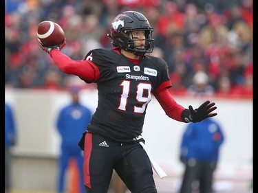 Calgary Stampeders QB Bo Levi Mitchell throws during the CFL Western Final in Calgary at McMahon Stadium on Sunday, November 18, 2018. Jim Wells/Postmedia