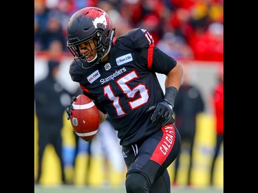 Calgary Stampeders Eric Rogers celebrates after his touchdown against the Winnipeg Blue Bombers during the 2018 CFL Western Final in Calgary on Sunday, November 18, 2018. Al Charest/Postmedia