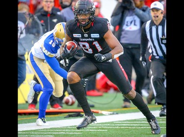 Calgary Stampeders Chris Matthews makes a catch in front of Kyrie Wilson of the Winnipeg Blue Bombers during the 2018 CFL Western Final in Calgary on Sunday, November 18, 2018. Al Charest/Postmedia