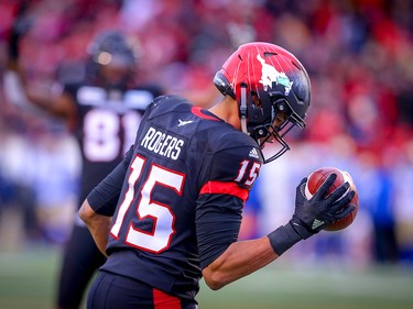 Calgary Stampeders Eric Rogers celebrates after his touchdown against the Winnipeg Blue Bombers during the 2018 CFL Western Final in Calgary on Sunday, November 18, 2018. Al Charest/Postmedia