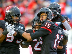 Calgary Stampeders Eric Rogers celebrates after his touchdown against the Winnipeg Blue Bombers during the 2018 CFL Western Final in Calgary on Sunday, November 18, 2018. Al Charest/Postmedia