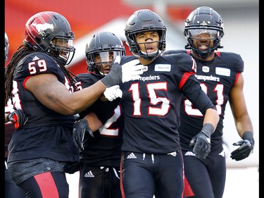 Calgary Stampeders Eric Rogers (#15) celebrates his touchdown on the Winnipeg Blue Bombers in the CFL Western Final at McMahon Stadium in Calgary, on Sunday November 18, 2018. Leah hennel/Postmedia