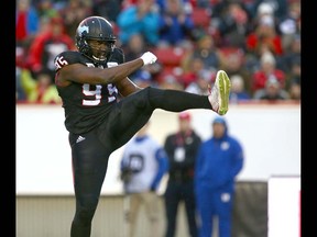 Calgary Stampeders Ja'Gared Davis celebrates during the CFL Western Final in Calgary at McMahon Stadium on Sunday, November 18, 2018. Jim Wells/Postmedia