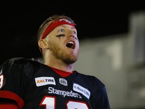 Calgary Stampeders quarterback Bo Levi Mitchell celebrates after they won the  athe CFL Western Final at McMahon Stadium against the Winnipeg Blue Bombers in Calgary, on Sunday November 18, 2018. Leah hennel/Postmedia