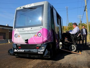 Kent Hehr, MP, Calgary Centre, takes a ride on the first autonomous shuttle in Western Canada called ELA, Electric Autonomous at Telus Spark in Calgary, on Wednesday September 5, 2018. Leah Hennel/Postmedia