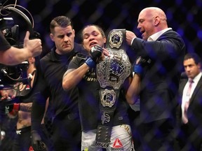 Amanda Nunes of Brazil looks on after defeating Cris Cyborg of Brazil by TKO in the first round during a Women’s Featherweight bout during the UFC 232 event inside The Forum on December 29, 2018 in Inglewood, California.
