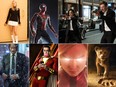Clockwise from top left: Margot Robbie as Sharon Tate in Once Upon a Time in Hollywood; Tom Holland as Spider-Man; Tessa Thompson and Chris Hemsworth in Men in Black: International; The Lion King; Brie Larson as Captain Marvel; Zachary Levi in Shazam!; and Keanu Reeves as John Wick.