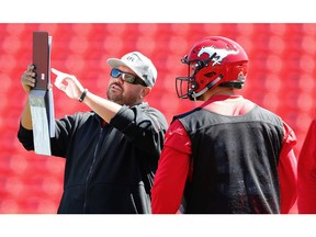 Calgary Stampeders, linebackers coach, Brent Monson during practice as the Stamps prepare to host the RedBlacks on Thursday in the home opener. AL CHAREST/POSTMEDIA