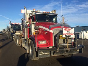 Hundreds of trucks line up for a convoy event in Nisku on Dec. 19, 2018.