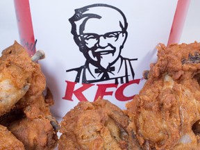 In this photo illustration the KFC logo is pictured besides a selection of chicken pieces on February 20, 2018 in Bristol, England.