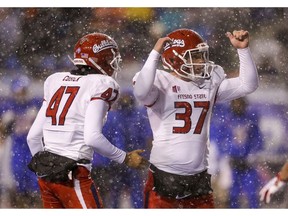 Fresno State place kicker Asa Fuller (37) celebrates his second field goal against Boise State in the second half of an NCAA college football game for the Mountain West championship, Saturday, Dec. 1, 2018, in Boise, Idaho. Fresno State won 19-16.