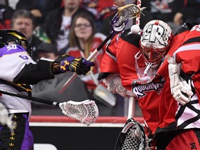 Goalie Christian Del Bianco backstopped the Calgary Roughnecks to a 9-5 victory over the San Diego Seals on Friday night at the Dome. Photo by Candice Ward, Calgary Roughnecks/SPECIAL TO POSTMEDIA.
