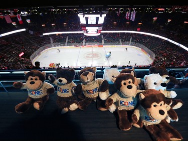 Teddy Bears await their flight in a upper suite of the Scotiabank Saddledome.
