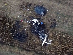 Ariel view of the scene of a helicopter accident in which the governor of the Mexican state of Puebla, Martha Erika Alonso, and her husband, senator and former governor of the same region, Rafael Moreno, died when the chopper plummeted to the ground in San Pedro Tlaltenango after taking off from nearby Puebla, on Dec. 24, 2018.