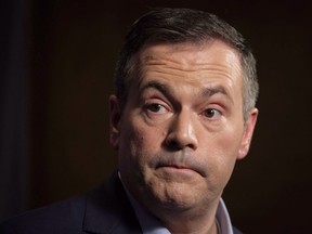 Jason Kenney speaks to the media at his first convention as leader of the United Conservative Party in Red Deer, Alta., on May 6, 2018.