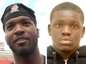 Nelson Lugela, right, was convicted of second-degree murder in Stampeders defensive back Mylan Hicks' death.