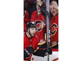 Calgary Flames' Alan Quine celebrates his goal during third period NHL hockey action against the Nashville Predators, in Calgary, Saturday, Dec. 8, 2018.